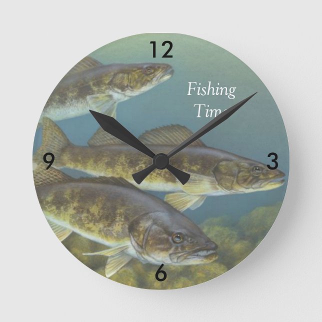 "Fishing Time" With Painting of Walleye Pike Round Clock (Front)