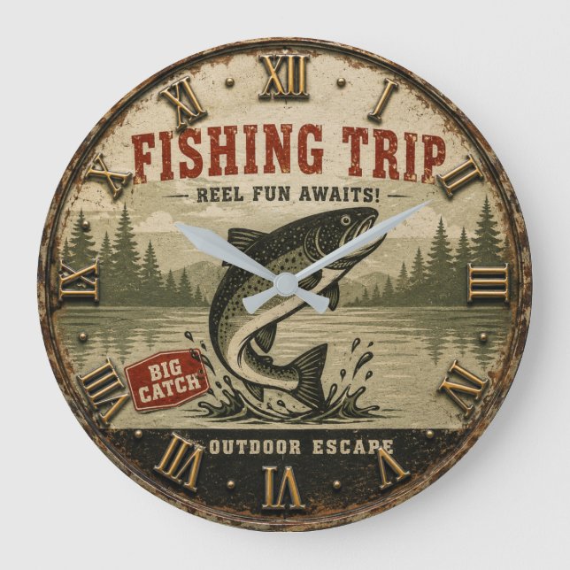 Fishing Trip Rustic Cabin Lake House Large Clock (Front)