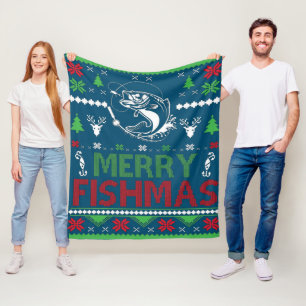 FISHING Ugly Christmas Apparel Bass Fish, Merry Fi Fleece Blanket