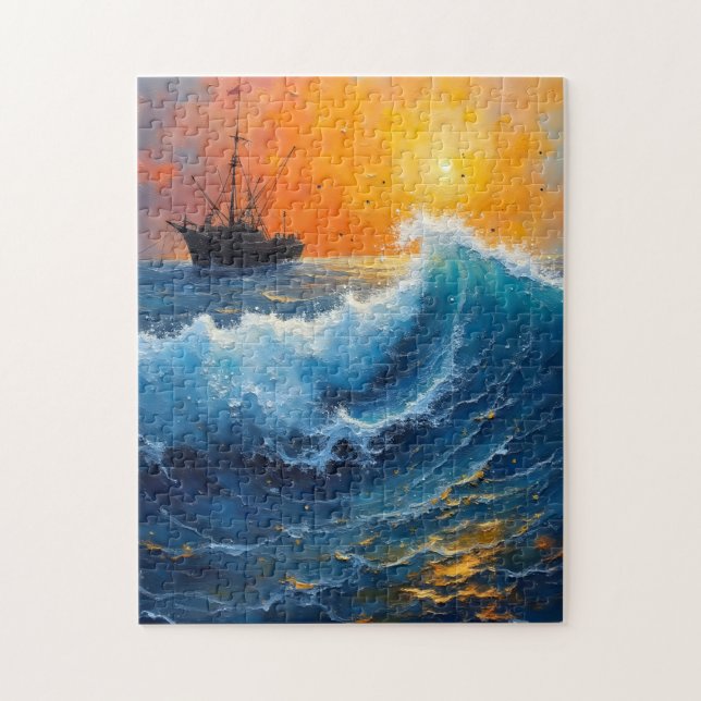 Fishing vessel on the ocean at sunrise jigsaw puzzle (Vertical)