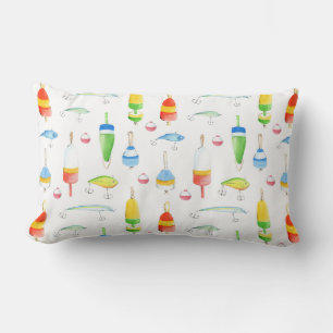 Fishing watercolor buoys and lures lumbar cushion