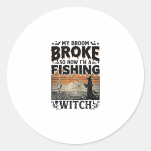 Fishing Witch Halloween Vintage Vector Design_1 Classic Round Sticker