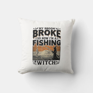 Fishing Witch Halloween Vintage Vector Design_1 Cushion