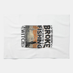 Fishing Witch Halloween Vintage Vector Design_1 Tea Towel