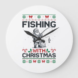Fishing With Christmas Santa Holiday Large Clock