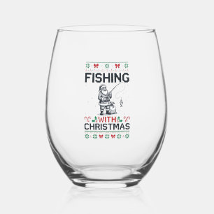 Fishing With Christmas Santa Holiday Stemless Wine Glass
