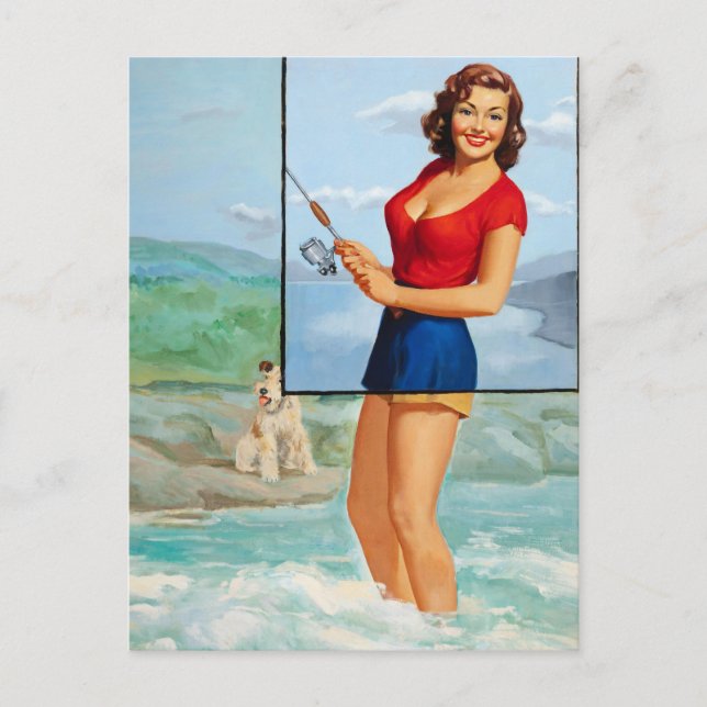 Fishing With Dog Pinup Postcard (Front)
