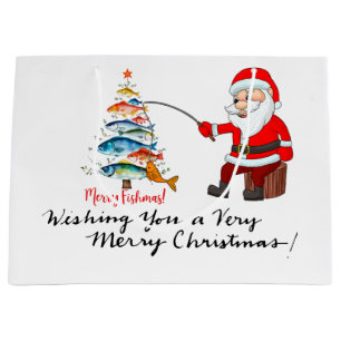 Fishing with Santa Claus Christmas Holiday Large Gift Bag