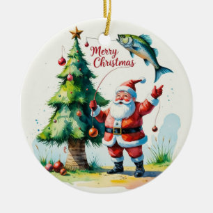 FishingChristmas  with Santa Claus Ceramic Ornament