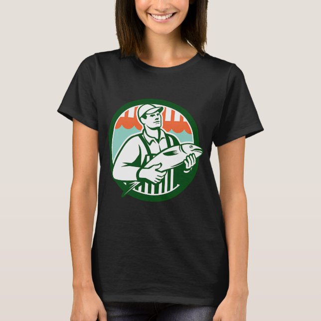 Fishmonger Holding Fish Circle Retro T-Shirt (Front)