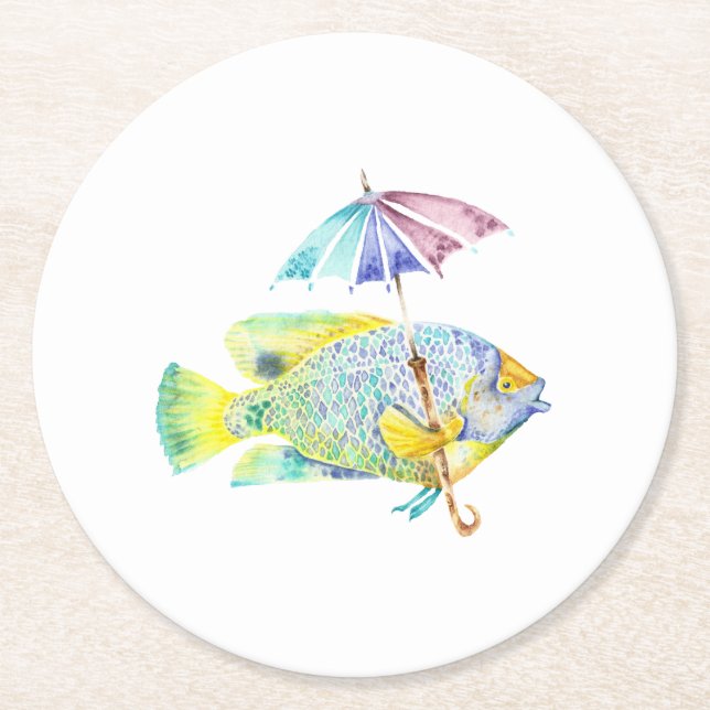 Fishy Fish with Umbrella Round Paper Coaster (Front)