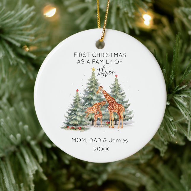 Fist Christmas Family of Three Name Cute Giraffe  Ceramic Ornament (Creator Uploaded)