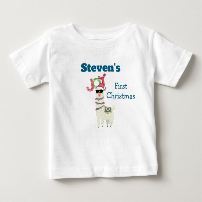 Fist Christmas | Joy Typography | Holiday Llama Baby T-Shirt (Front)