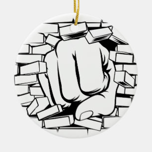 Fist Punching Through Brick Wall Ceramic Ornament