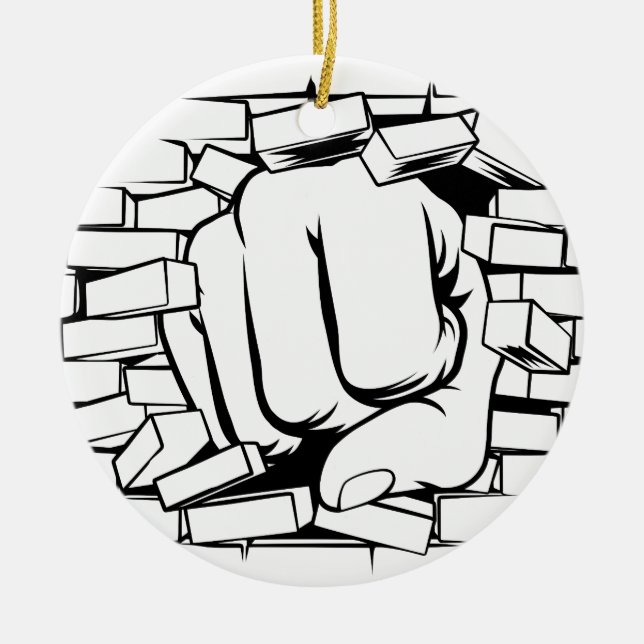 Fist Punching Through Brick Wall Ceramic Ornament (Front)