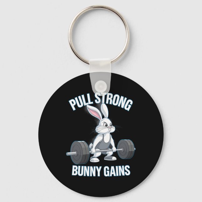 Fitness Bunny Bodybuilder Pull Strong Bunny Gains  Key Ring (Front)