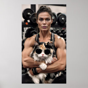 Fitness Girl&Cat in Gym. Woman Workout Motivation  Poster