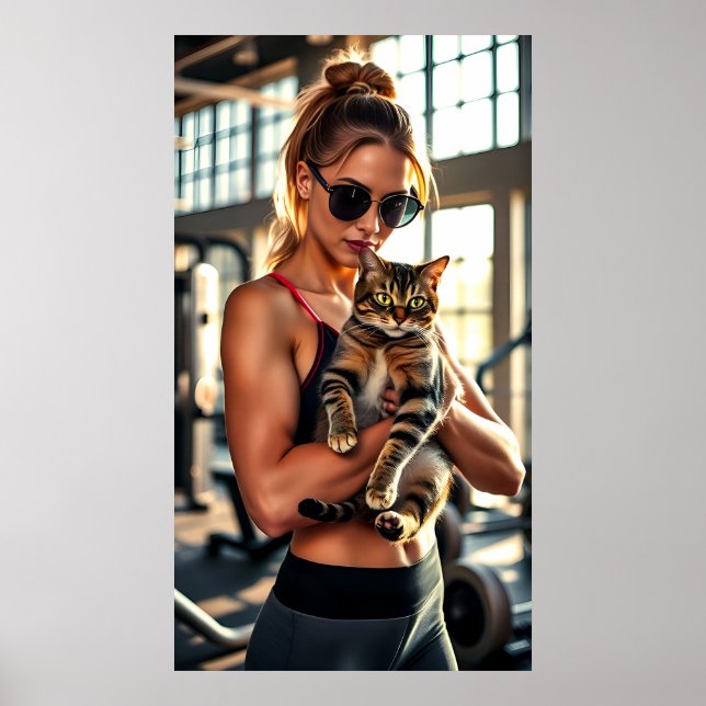 Fitness Girl&Cat in Gym. Woman Workout Motivation Poster (Front)