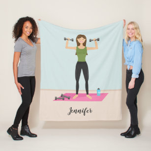 Fitness Girl Illustration Weight Lifting & Name Fleece Blanket