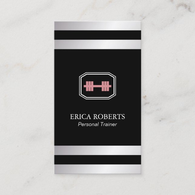 Fitness Girl Trainer Pink dumbbell Silver Stripe Business Card (Front)