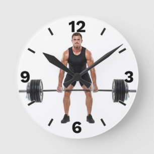 Fitness Man Barbell Deadlift Workout Strength Round Clock