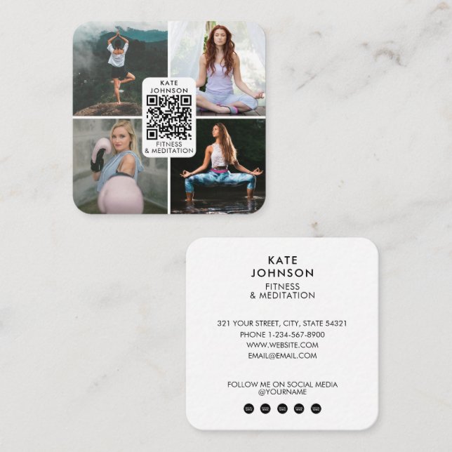 Fitness Meditation Yoga Custom 4 Photos QR Code Square Business Card (Front/Back)
