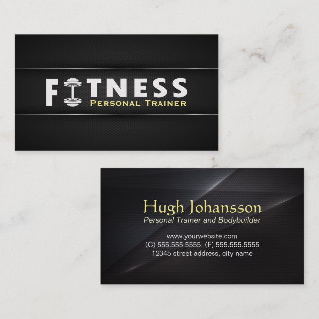 Fitness Personal Trainer Bold Text Dumbbell Logo Business Card (Front/Back)