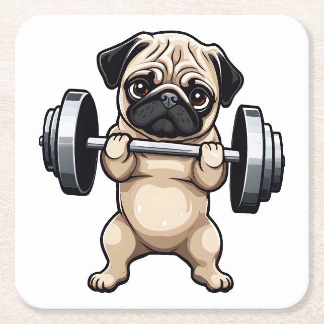 Fitness Pug Square Paper Coaster (Front)