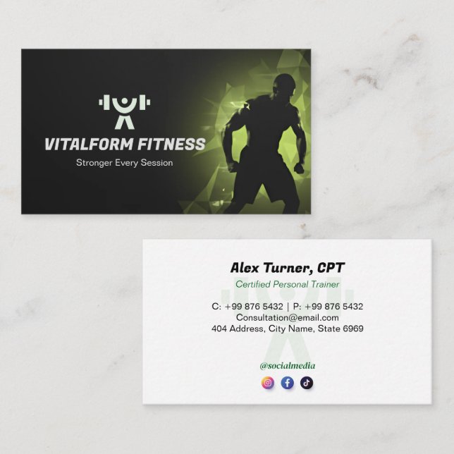 Fitness Trainer Business | Black Muscle Business Card (Front/Back)