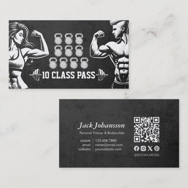 Fitness Trainer Gym Kettlebell Class Pass Loyalty Business Card (Front/Back)