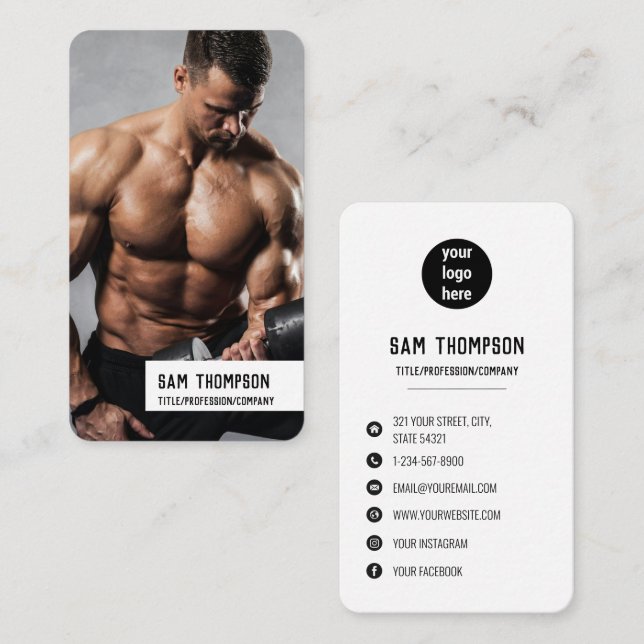 Fitness Trainer Photo & Logo Social Media Icons Business Card (Front/Back)