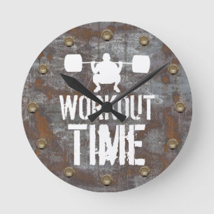 Fitness Training Workout Time Rusty Metal Plate Round Clock