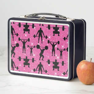 Fitness Workout Gym Sport Pink Glitter Metal Lunch Box