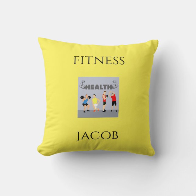 Fitness yellow throw pillow with personalized name (Front)