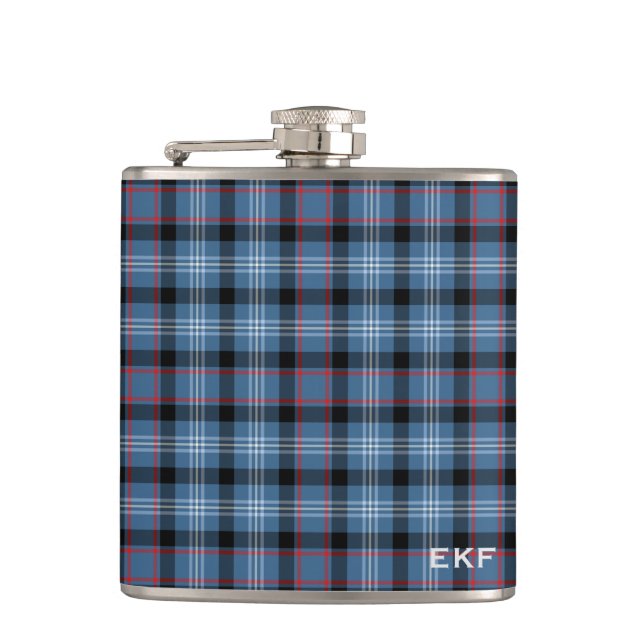 Fitzgerald Tartan Monogram Blue and Black Plaid Hip Flask (Front)