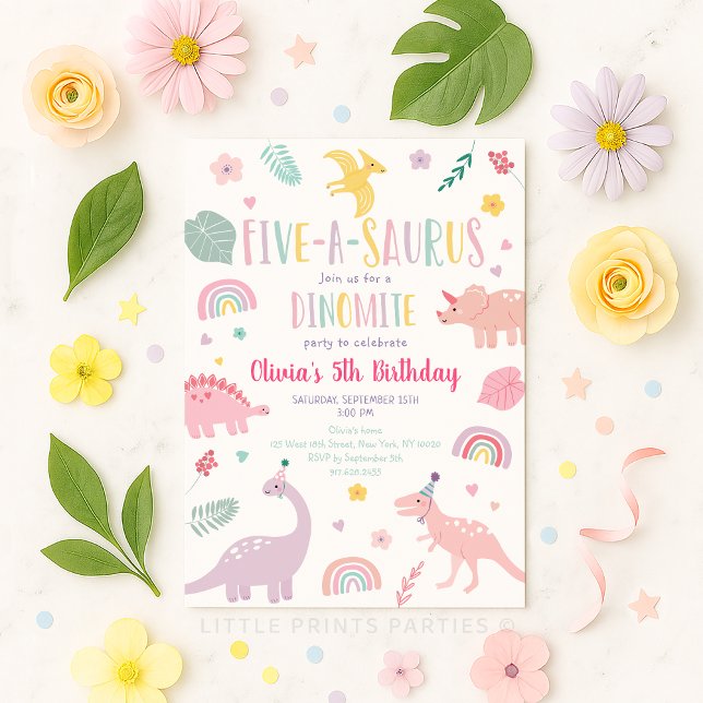 Five-a-saurus Pink Pastel Dinosaur Birthday Invitation (Creator Uploaded)