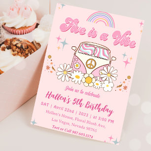 Five a Vibe Groovy Retro Rainbow 5th Birthday Invitation