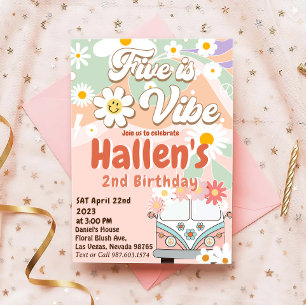 Five a Vibe Groovy Retro Rainbow 5th Birthday Invitation