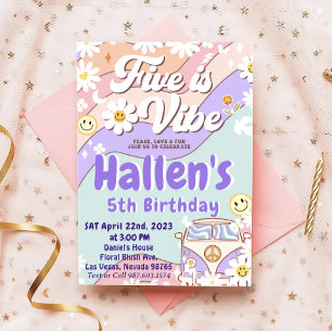 Five a Vibe Groovy Retro Rainbow 5th Birthday Invitation