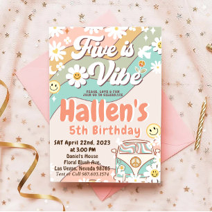 Five a Vibe Groovy Retro Rainbow 5th Birthday Invitation