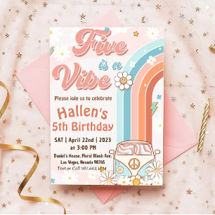 Five a Vibe Groovy Retro Rainbow 5th Birthday Invitation