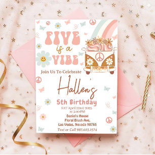 Five a Vibe Groovy Retro Rainbow 5th Birthday Invitation