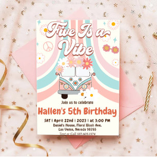 Five a Vibe Groovy Retro Rainbow 5th Birthday Invitation