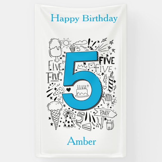 FIVE age 5th Blue  birthday card Banner (Vertical)