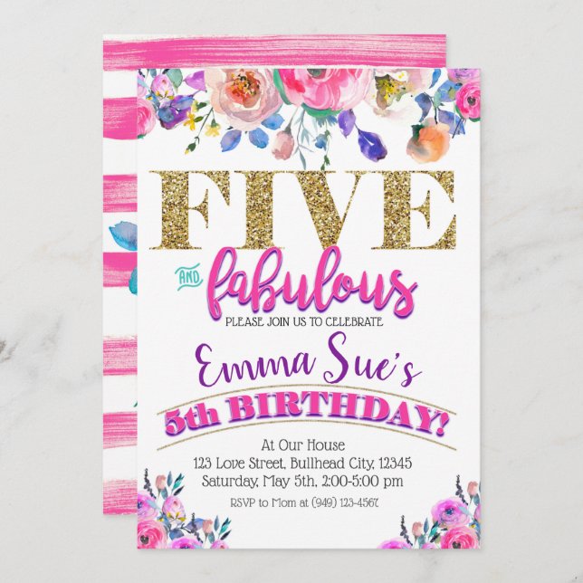 Five and Fabulous Girls Floral 5th Birthday Invitation (Front/Back)