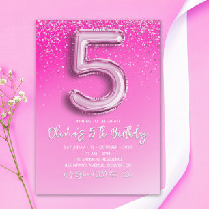 Five and Fabulous Pink Glitter Birthday Girl Invitation
