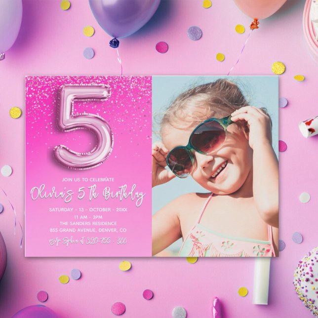 "Five and Fabulous Pink Glitter Birthday Photo Invitation (Creator Uploaded)