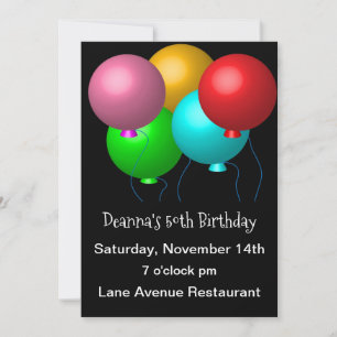 Five Birthday Balloons on Black 50th Party Invitation