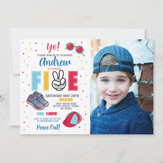 Five Birthday Peace Out Yo! 5th Summer Boys Invitation (Front)