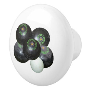 Five Black Lawn Bowls And Kitty, Ceramic Knob